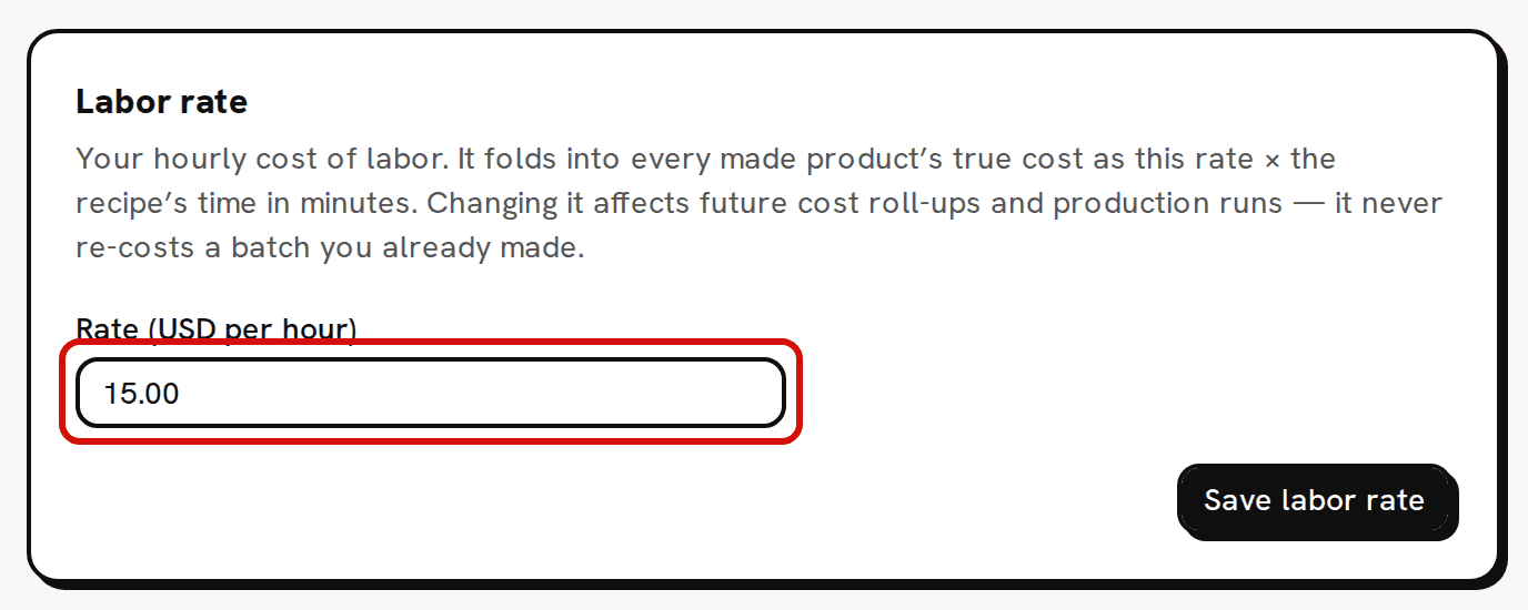The Labor rate card on Settings › General, with 15.00 in the Rate (USD per hour) field circled in red