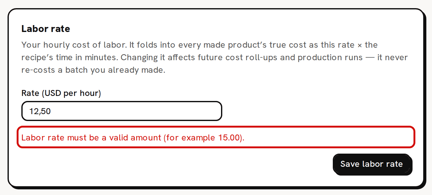 The Labor rate card with 12,50 typed in the rate field; the red line under it, circled, says the labor rate must be a valid amount, for example 15.00