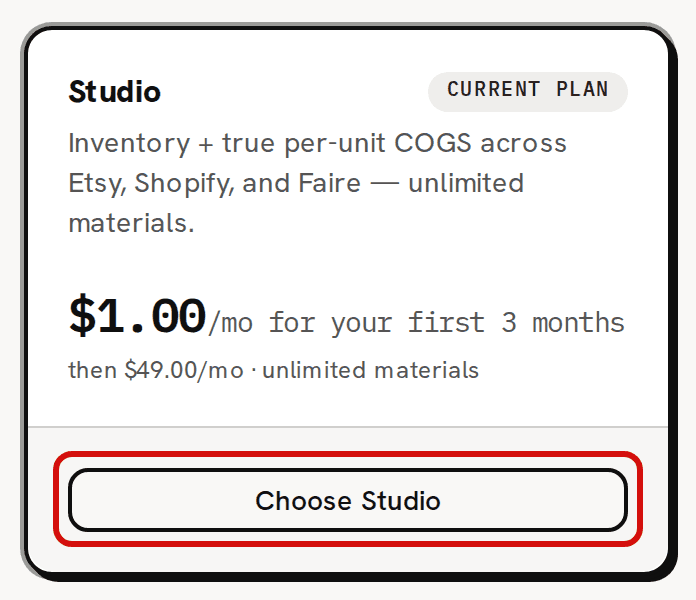 The Studio card under Change plan on Settings › Billing, showing the monthly price, with the Choose Studio button circled in red