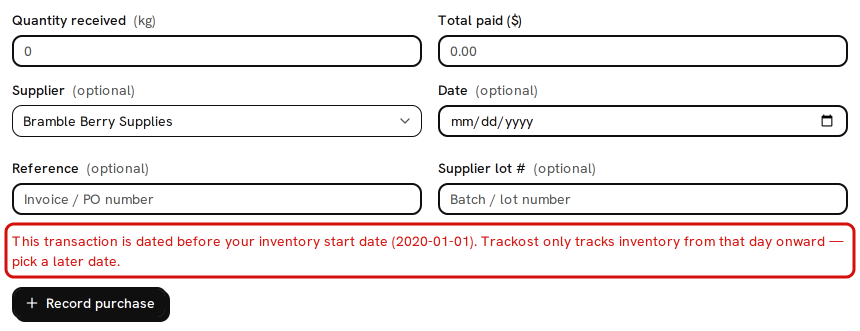 A material’s Record purchase form after a purchase dated 2019-12-31 was refused: the red message, circled, says the transaction is dated before the inventory start date (2020-01-01)