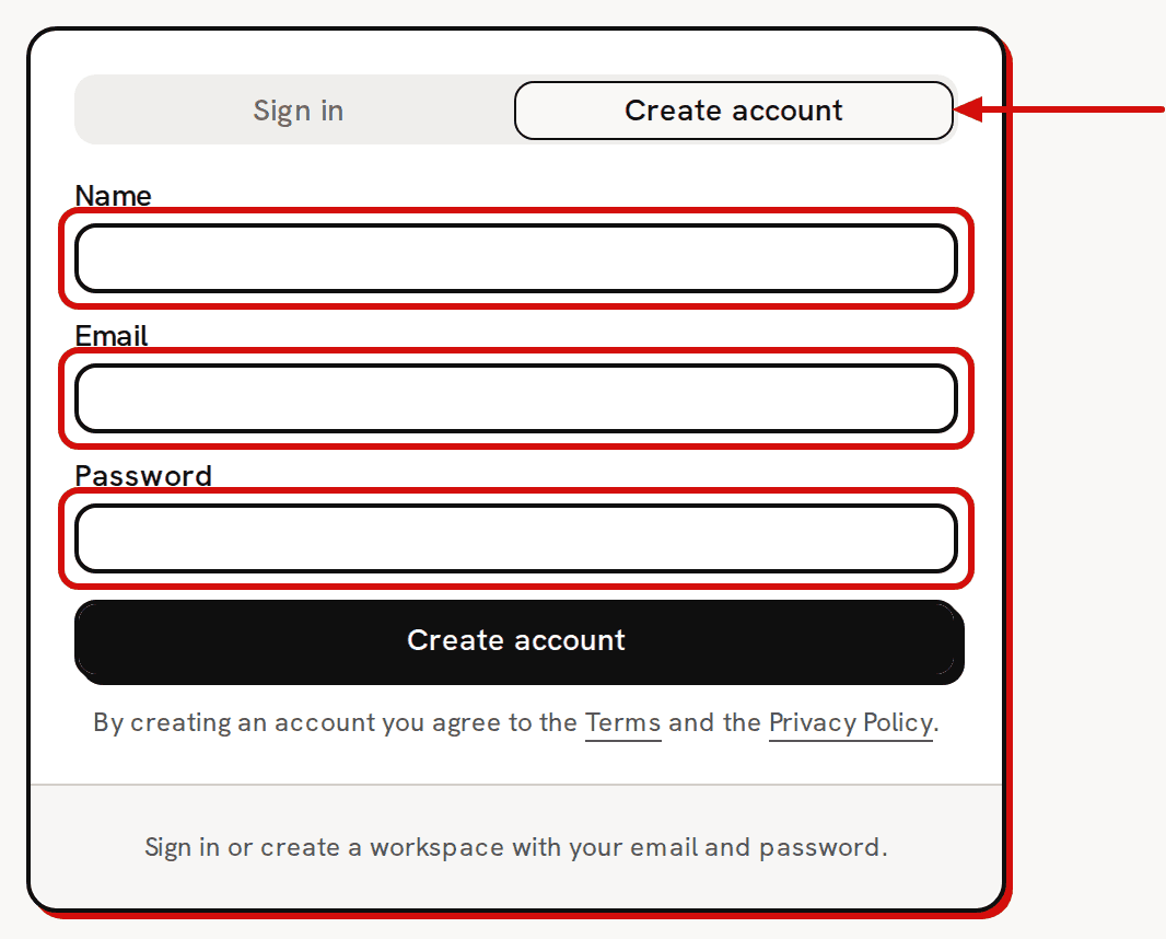 The sign-in page's form card on the Create account tab: an arrow points at the Create account tab, and the Name, Email and Password fields are circled in red