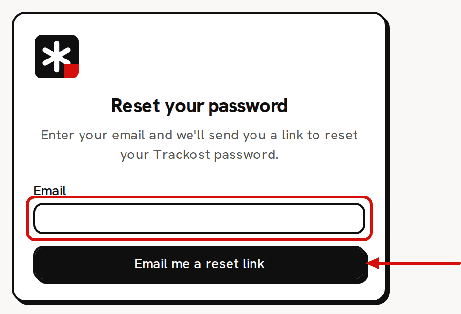 The Reset your password card: the Email field is circled in red and an arrow points at the Email me a reset link button