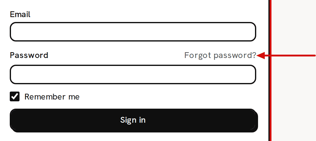 The sign-in form's Email and Password fields and Sign in button, with an arrow pointing at the Forgot password? link beside the Password label