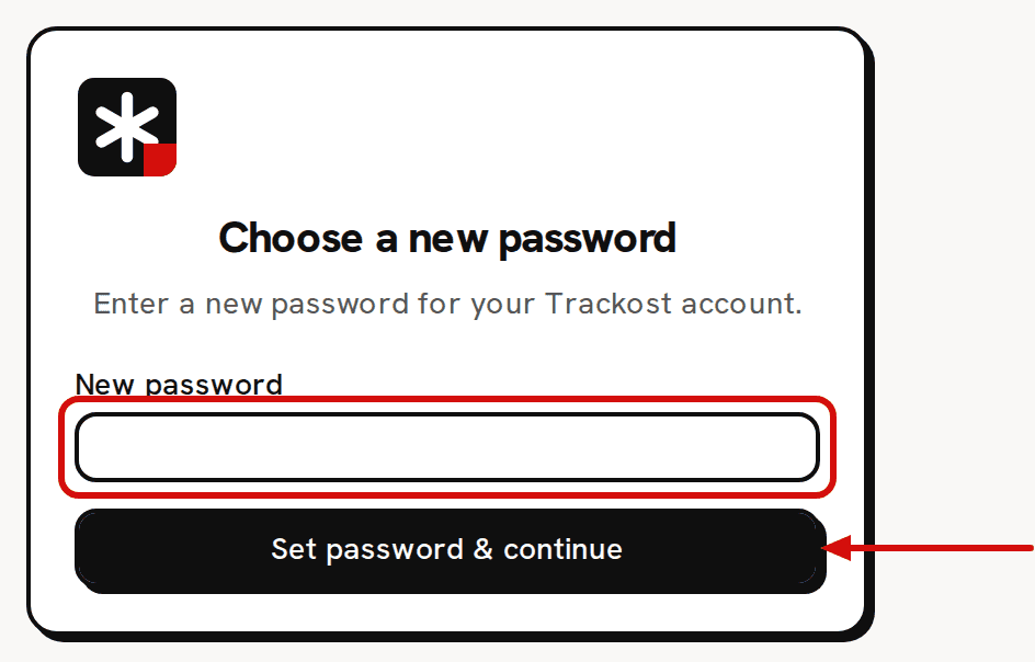 The Choose a new password card: the New password field is circled in red and an arrow points at the Set password & continue button