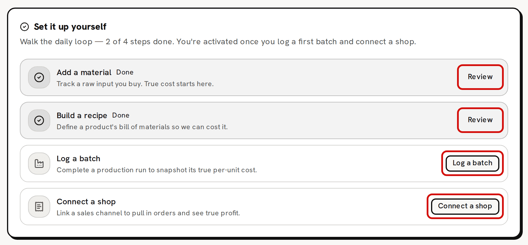 Step 3 of Get started, the Set it up yourself card on the sample workspace: the first two rows read Done, and the button on each of the four rows is circled in red