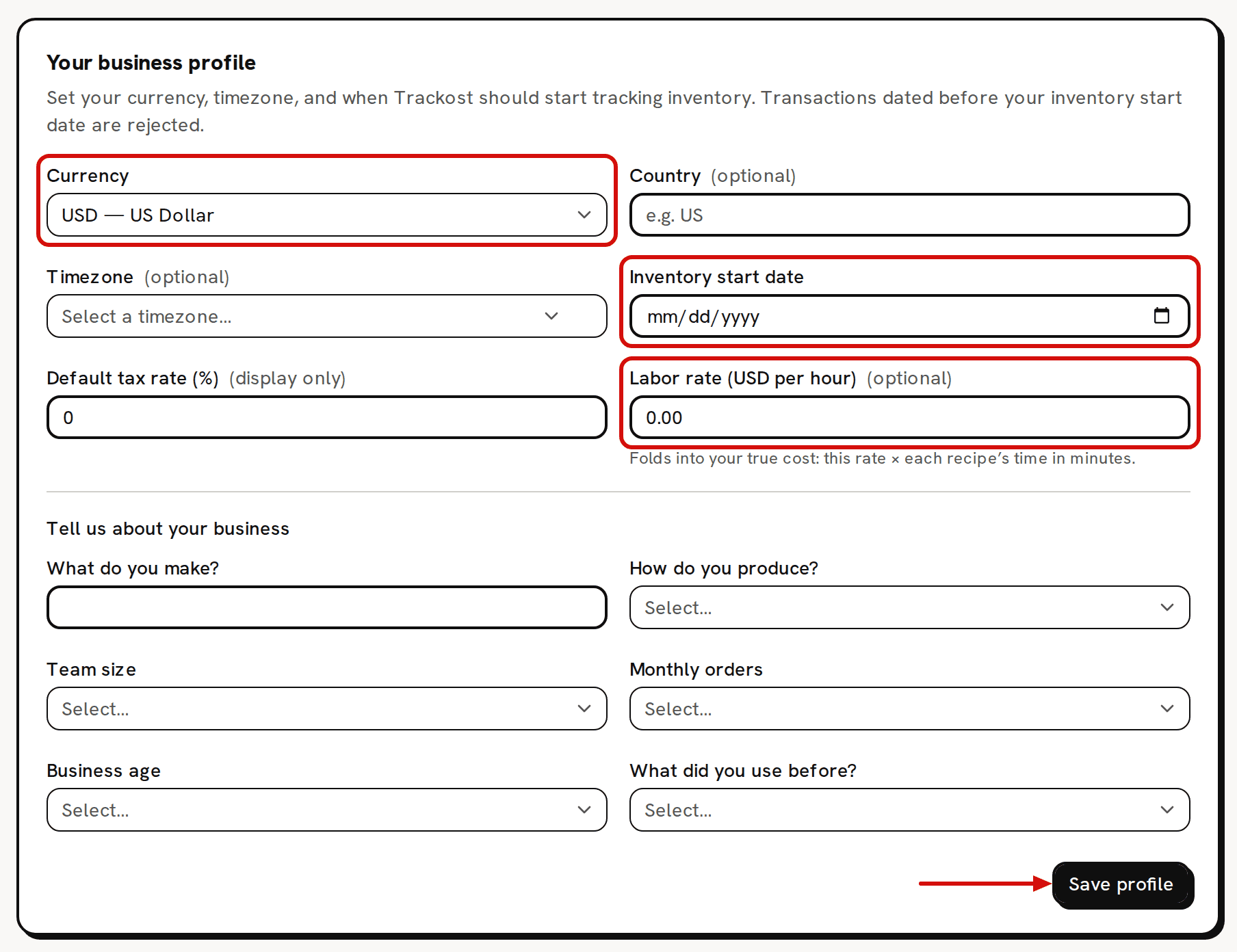 The Your business profile card in step 1 of Get started: the Currency, Inventory start date and labor rate fields are circled in red and an arrow points at the Save profile button