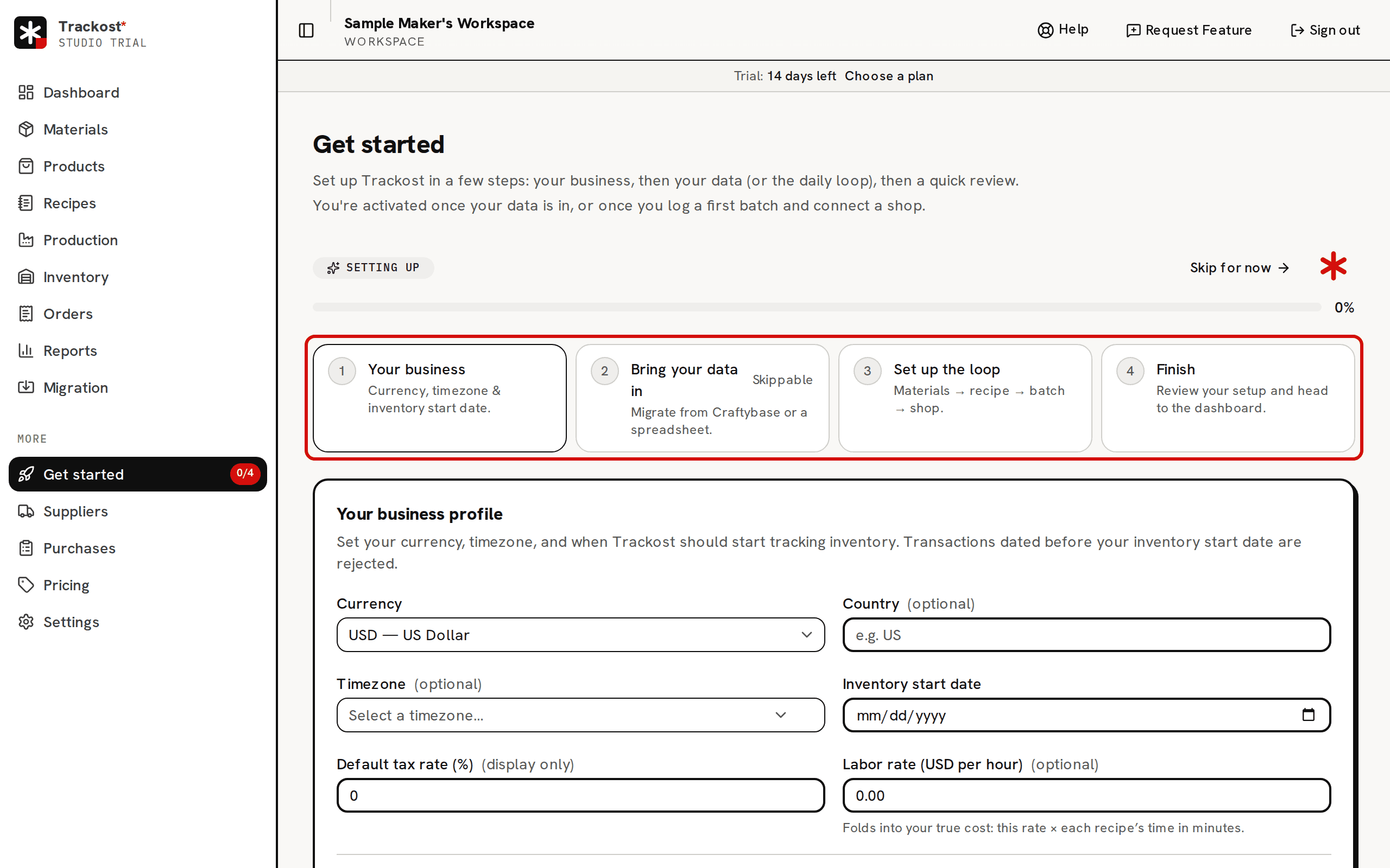 The Get started wizard in a new workspace: the Setting up badge, the progress bar at 0%, the four step buttons circled in red, and the Your business profile card below them