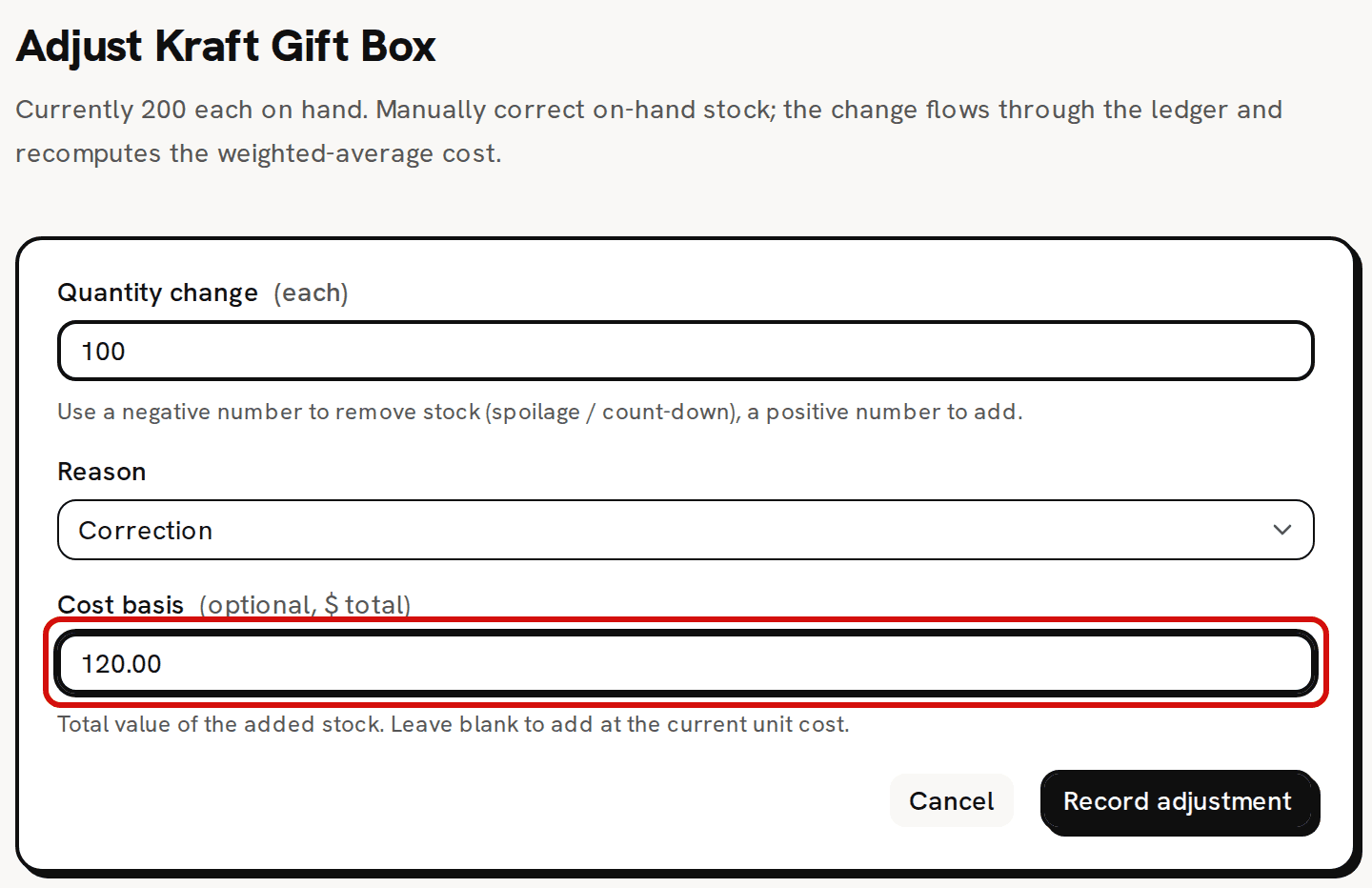 The Adjust Kraft Gift Box page, not yet recorded: 100 in Quantity change, Correction as the Reason, and 120.00 in the Cost basis field, which is circled in red