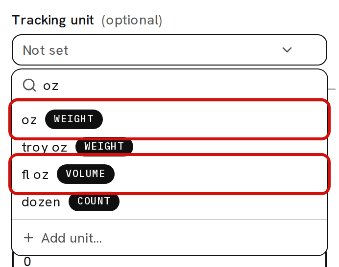 The Tracking unit picker open with oz typed in its search box; each unit in the list shows its family, and the oz (weight) and fl oz (volume) options are circled in red