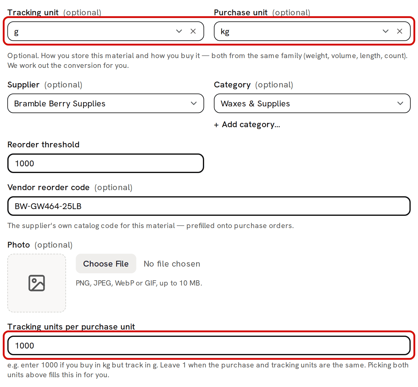 The Edit material form for Soy Wax (GW464): the Tracking unit g and Purchase unit kg pickers are circled in red, and lower down Tracking units per purchase unit reads 1000, also circled