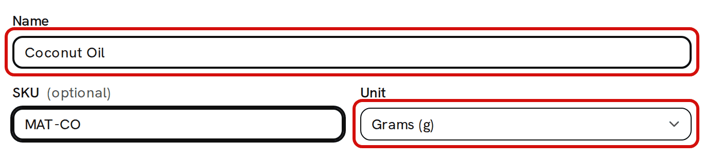 The top of the Add material form with Coconut Oil as the name and MAT-CO as the SKU; the Name field and the Unit picker, set to Grams (g), are circled in red