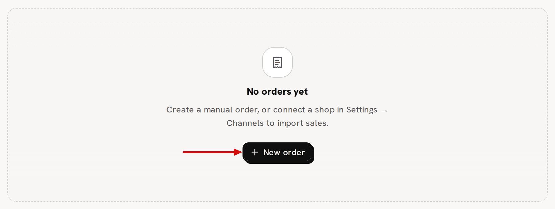 The Orders page of a new workspace: No orders yet, with a red arrow pointing to its New order button