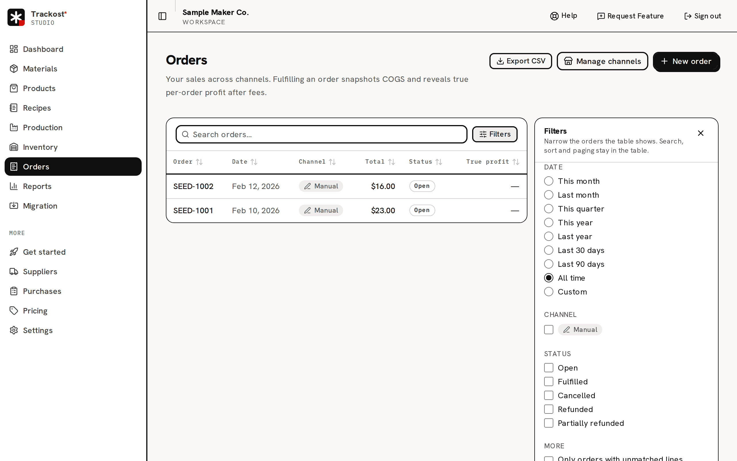 The Orders page of the sample workspace: the search box and Filters button above a table with the two open orders SEED-1002 and SEED-1001, and the Filters panel open on the right
