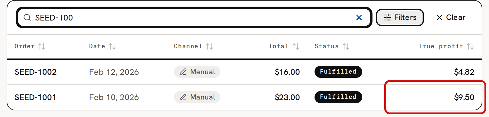 The Orders list with SEED-100 typed in its search box: SEED-1002 and SEED-1001, both Fulfilled, with true profit $4.82 and $9.50; the True profit cell of SEED-1001 is circled in red