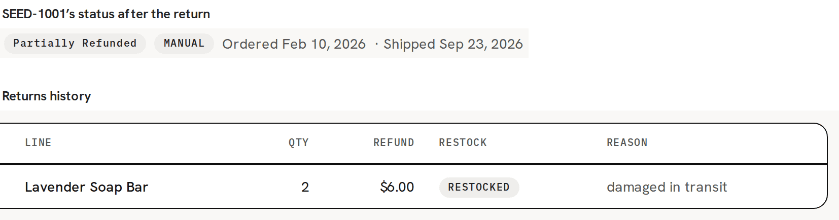 Order SEED-1001 after the soap return: its status reads Partially refunded, and the Returns history table lists 2 Lavender Soap Bars with a $6.00 refund, Restocked, reason damaged in transit
