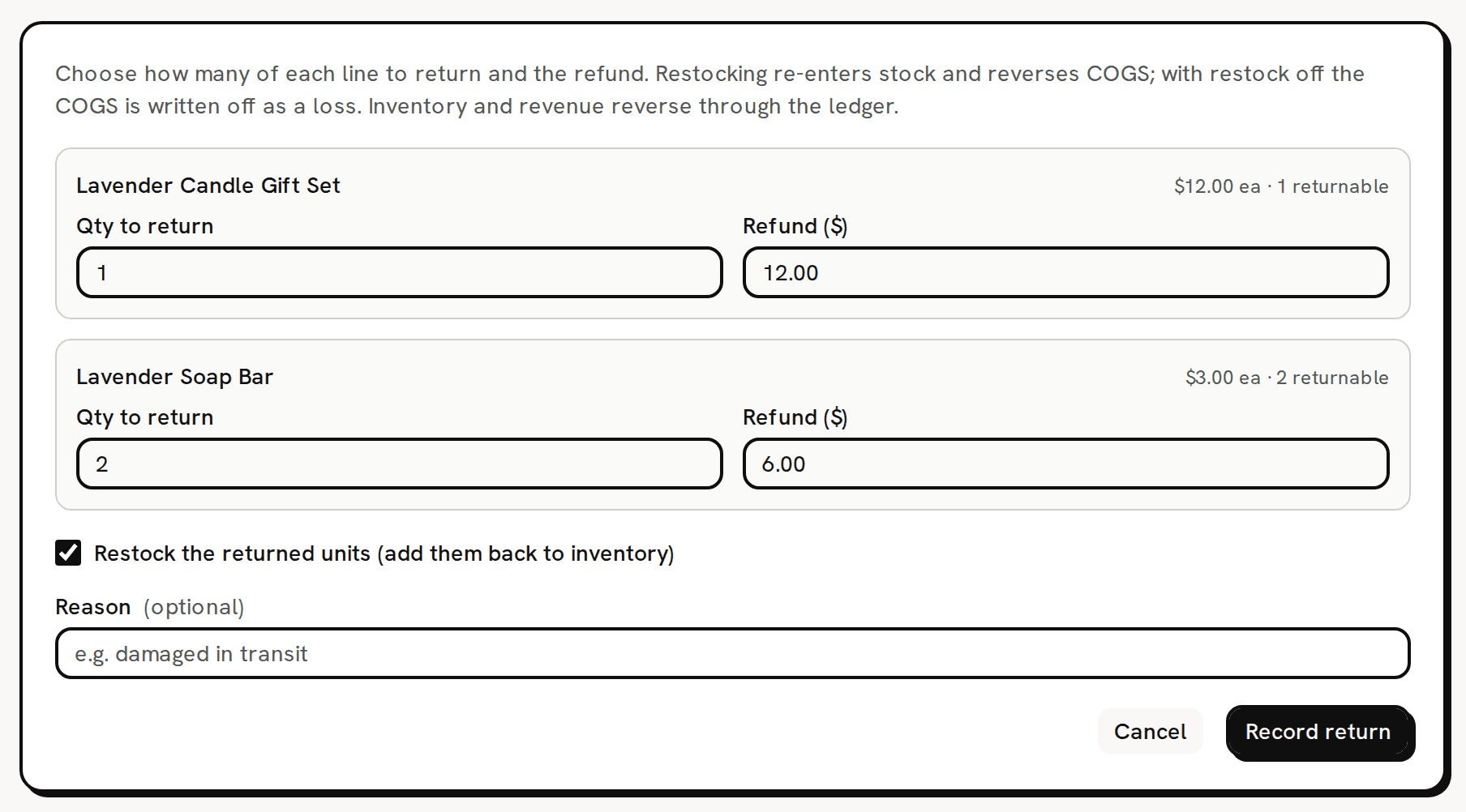 The Record a return form for SEED-1001 as it opens: the gift set line filled in with 1 and a 12.00 refund, the soap line with 2 and a 6.00 refund, restock ticked, the reason empty, and Cancel and Record return at the bottom