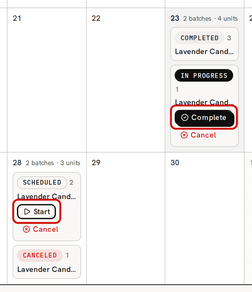Two days of the production calendar with four batches: the completed and canceled ones have no buttons, the one in progress offers Complete and Cancel, the scheduled one Start and Cancel; Complete and Start are circled in red
