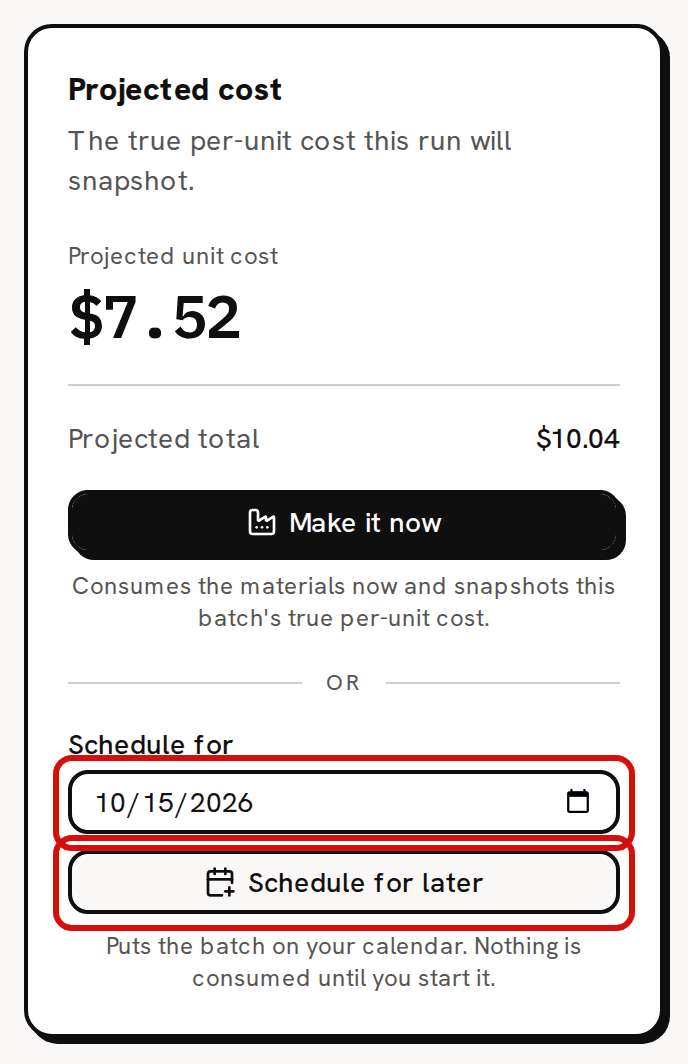 The planner’s right card for two candles with 10/15/2026 picked in Schedule for; the date and the Schedule for later button are circled in red