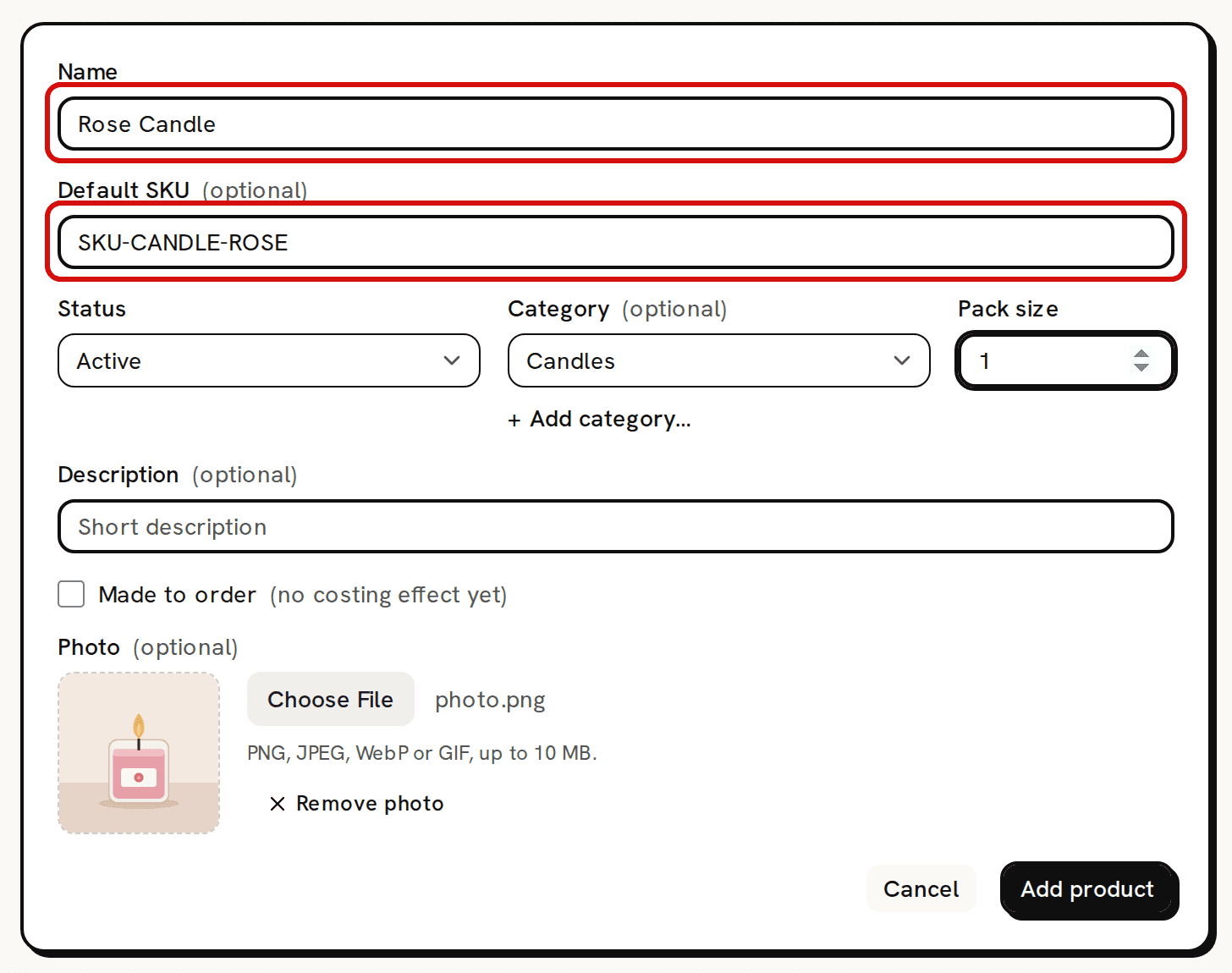 The Add product form filled in for Rose Candle, with SKU-CANDLE-ROSE, the Candles category, a pack size of 1 and a photo preview; the Name and Default SKU fields are circled in red