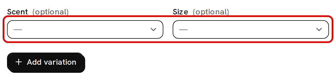 The bottom of the Add a variation form on Lavender Candle: the Scent (optional) and Size (optional) pickers, both showing a dash, are circled in red above the Add variation button