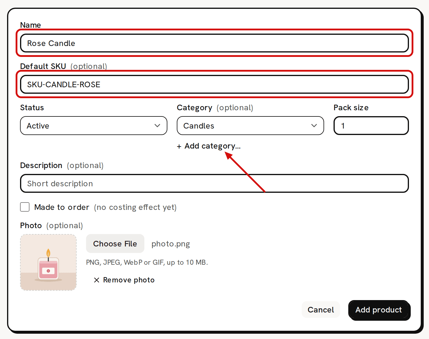The Add product form filled in for Rose Candle, with SKU-CANDLE-ROSE, the Candles category and a photo; the Name and Default SKU fields are circled in red and an arrow points to + Add category…