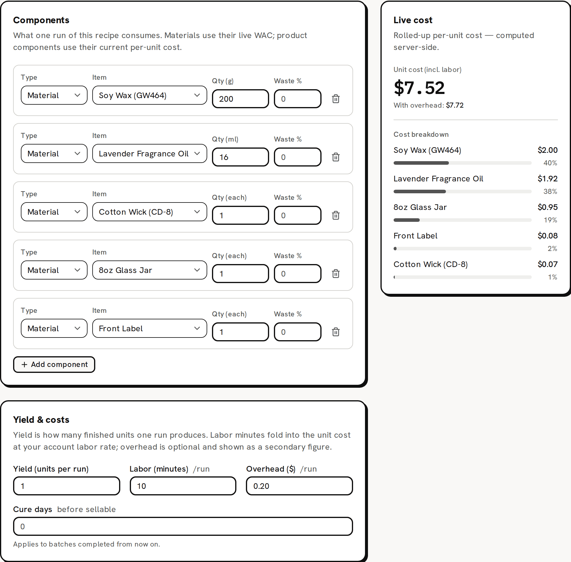 The Lavender Candle recipe builder in three cards: Components with its five materials on the left, Yield & costs under it, and Live cost on the right showing $7.52