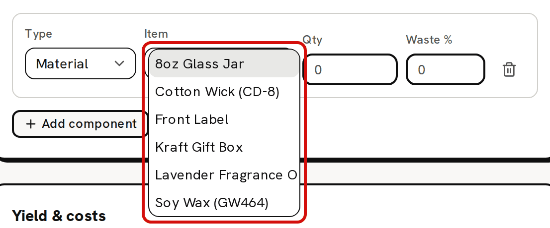 A new component row on the Lavender Soap Bar recipe with its Item list open and circled in red: 8oz Glass Jar, Cotton Wick (CD-8), Front Label, Kraft Gift Box, Lavender Fragrance Oil, cut short by the list’s width, and Soy Wax (GW464)