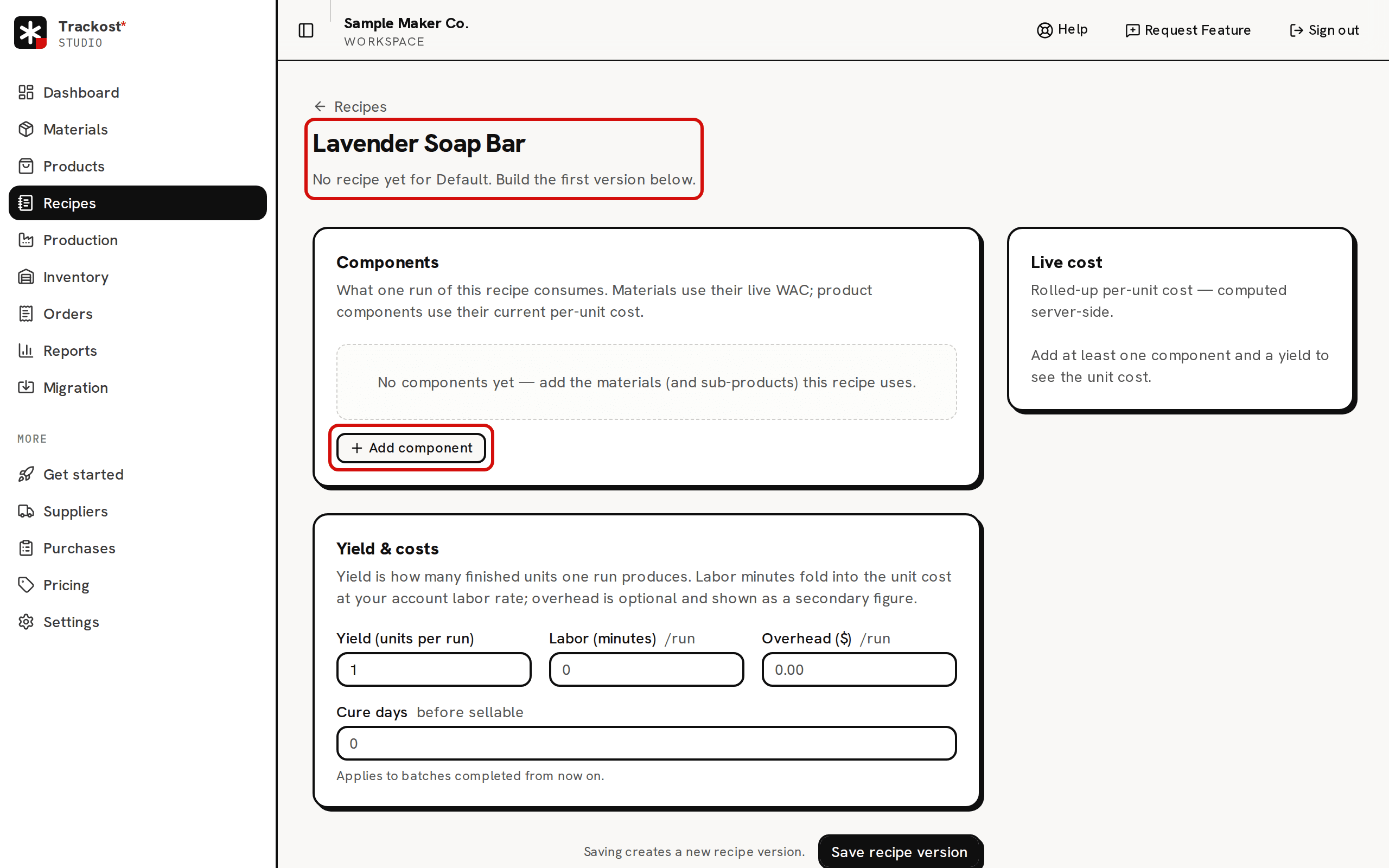 The recipe builder for Lavender Soap Bar before anything is added: the header saying there is no recipe yet for Default and the Add component button are circled in red; Yield reads 1 and the Live cost card waits for a component