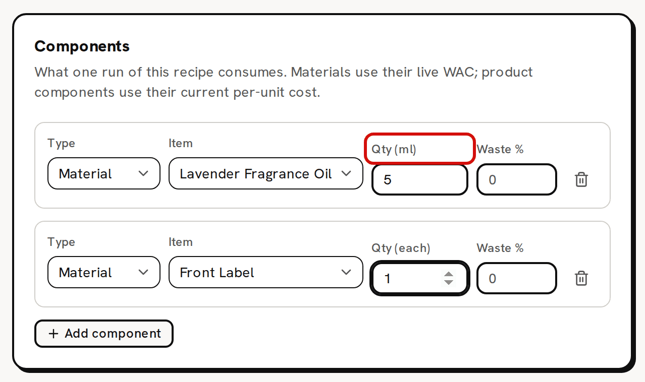 The Components card with two rows: Lavender Fragrance Oil, 5, and Front Label, 1; the Qty (ml) label of the first row is circled in red