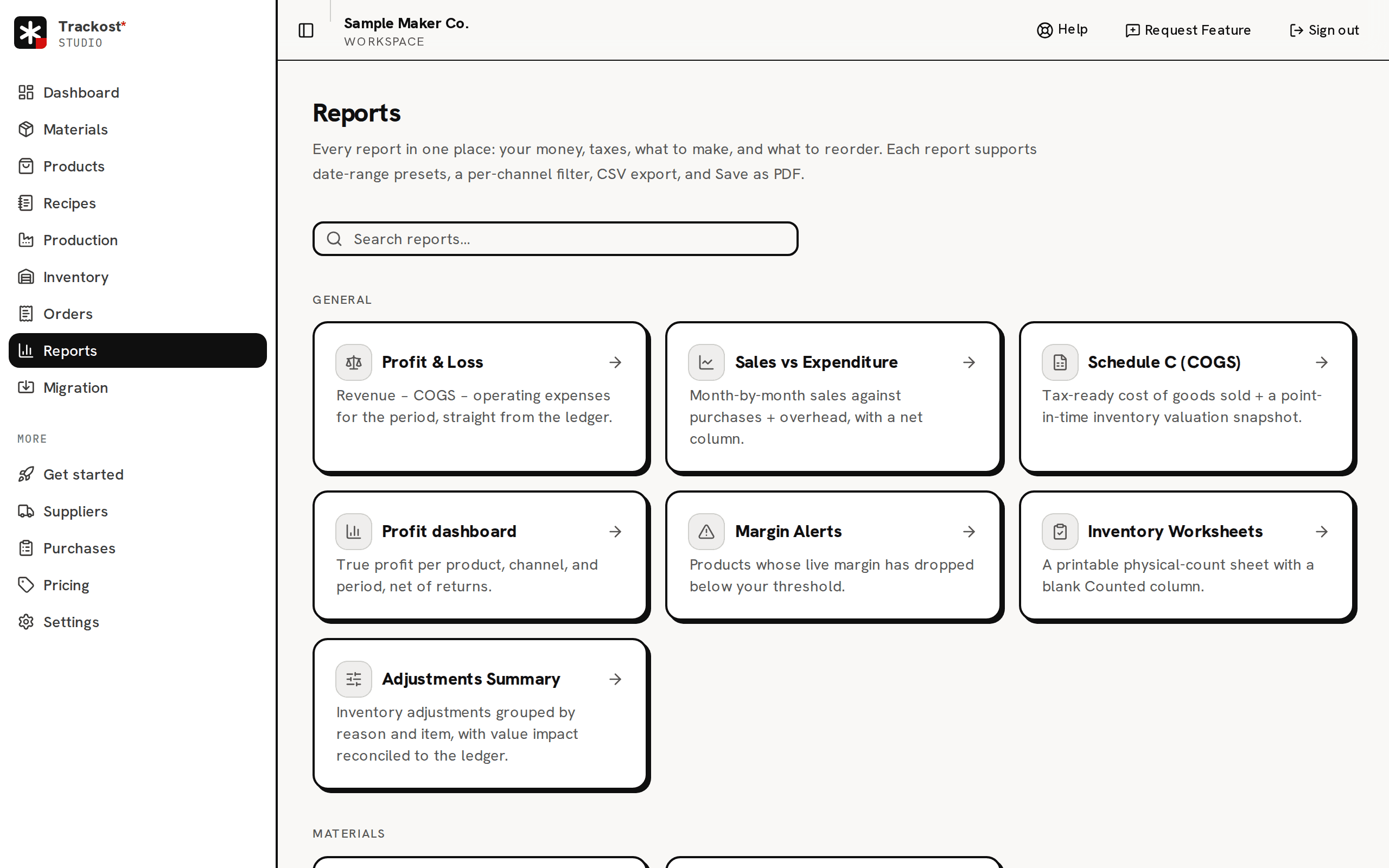 The Reports page: its title and description, the Search reports box, and the report cards of the General group, with the Materials group starting below