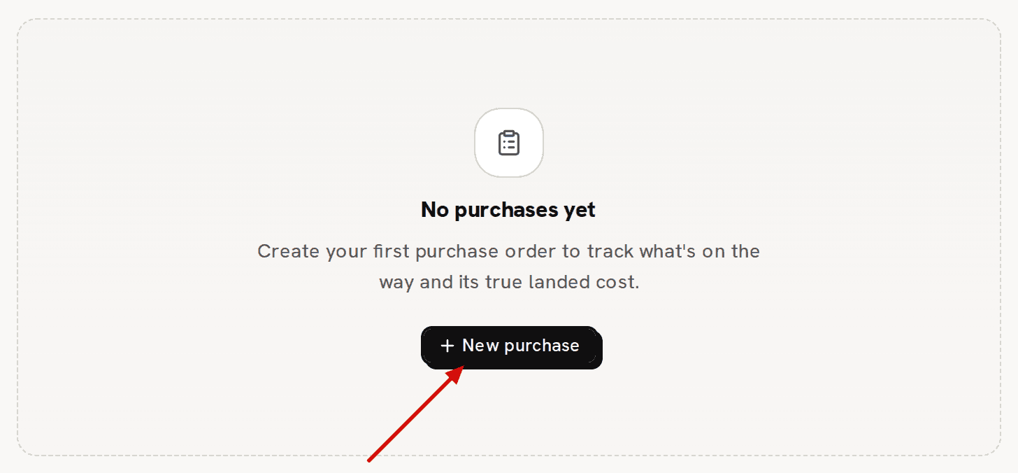 The empty Purchases page reading No purchases yet; a red arrow points to its New purchase button