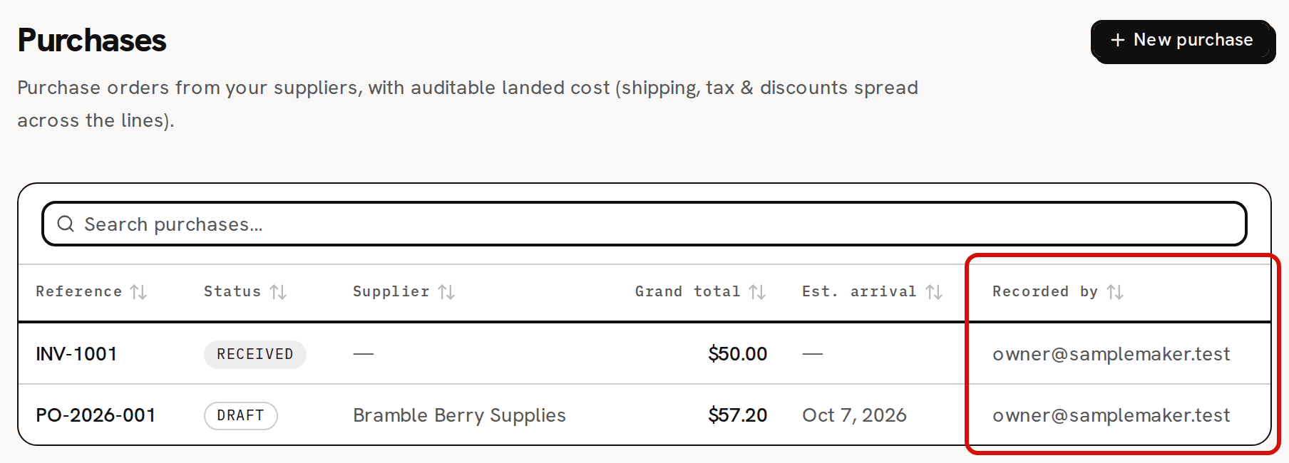 The Purchases list with two purchases, PO-2026-001 from Bramble Berry Supplies as a Draft and the quick purchase INV-1001 as Received; the Recorded by column is circled in red
