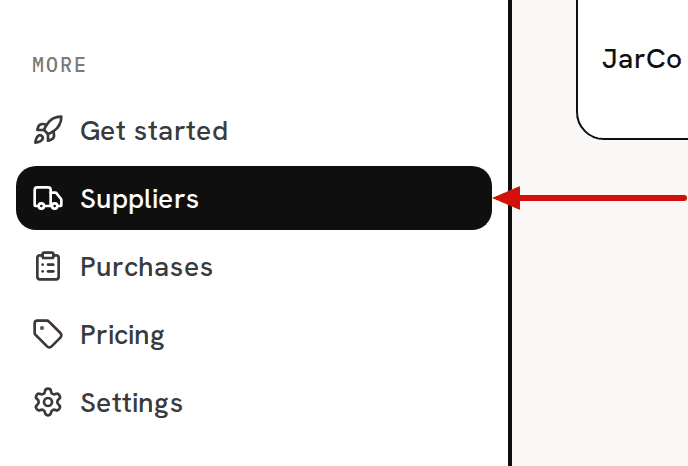 The sidebar’s More group; a red arrow points to Suppliers