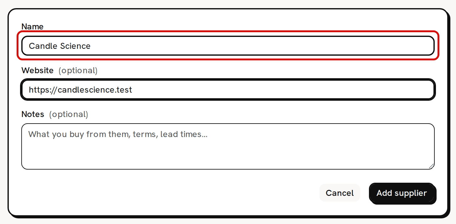 The Add supplier form with Candle Science typed as the name and a website filled in; the Name field is circled in red