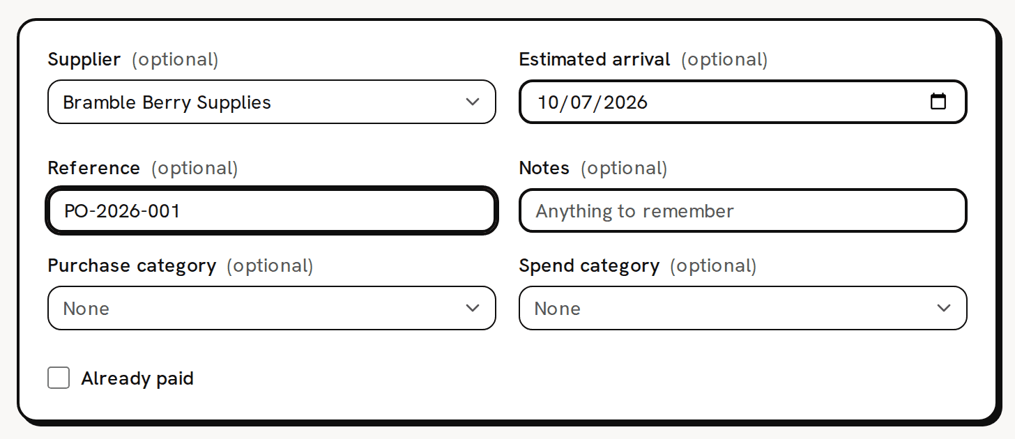 The first card of the New purchase form: Supplier Bramble Berry Supplies, an Estimated arrival date, Reference PO-2026-001, then Notes, Purchase category, Spend category and the Already paid box