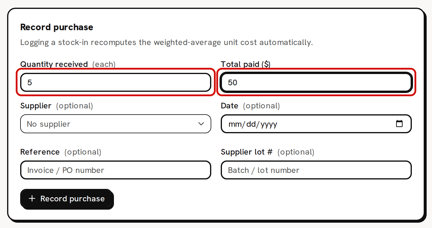 The Record purchase card on the Front Label page with 5 in Quantity received (each) and 50 in Total paid ($); both fields are circled in red