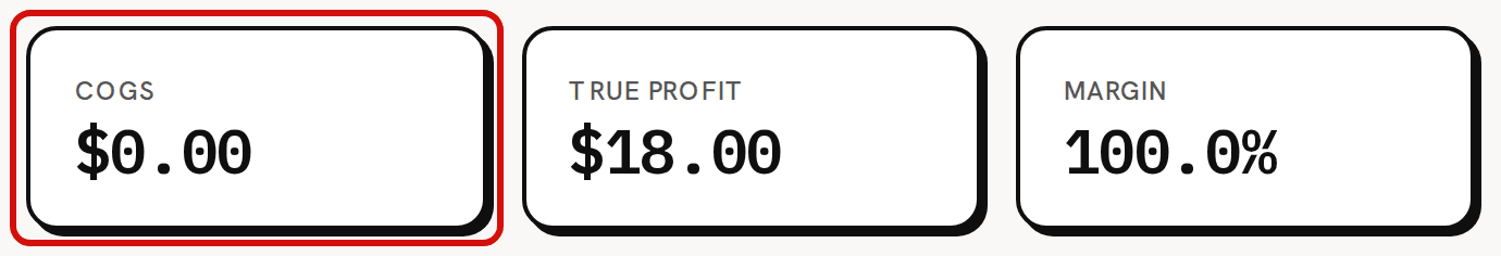 Three of the five cards of order HELP-2102 after fulfilling: COGS $0.00, circled in red, True profit $18.00 and Margin 100.0%